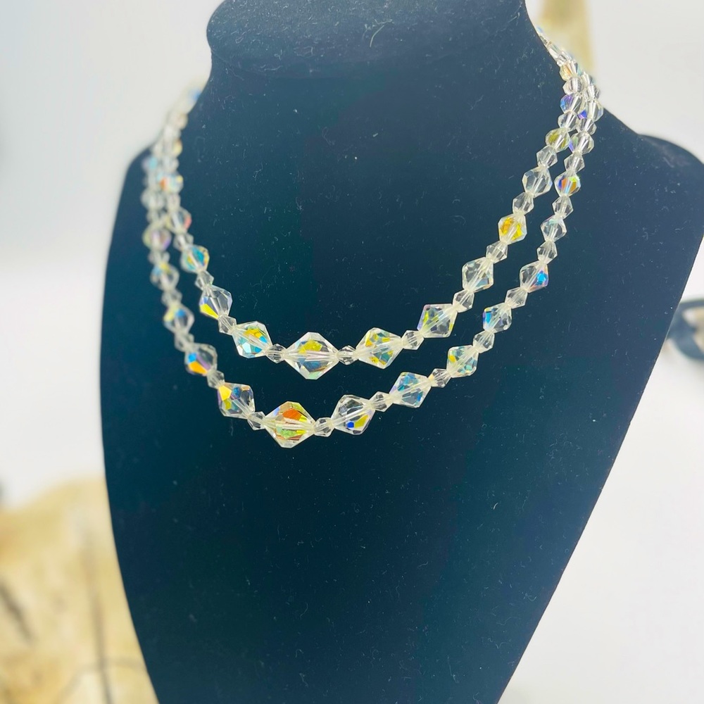 Vintage Art Deco Style Aurora Borealis Crystal Glass Double Row Necklace.